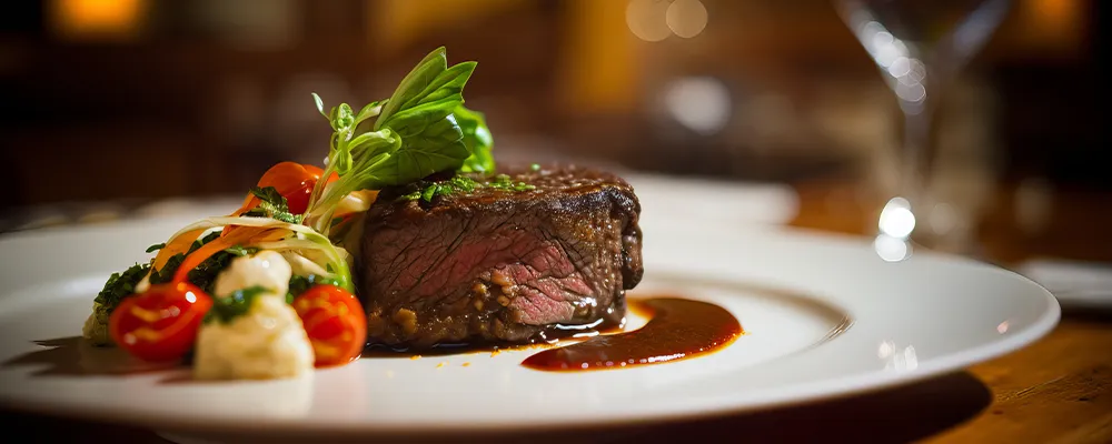 厚切りのステーキにソースと彩り豊かな野菜が添えられた料理の画像