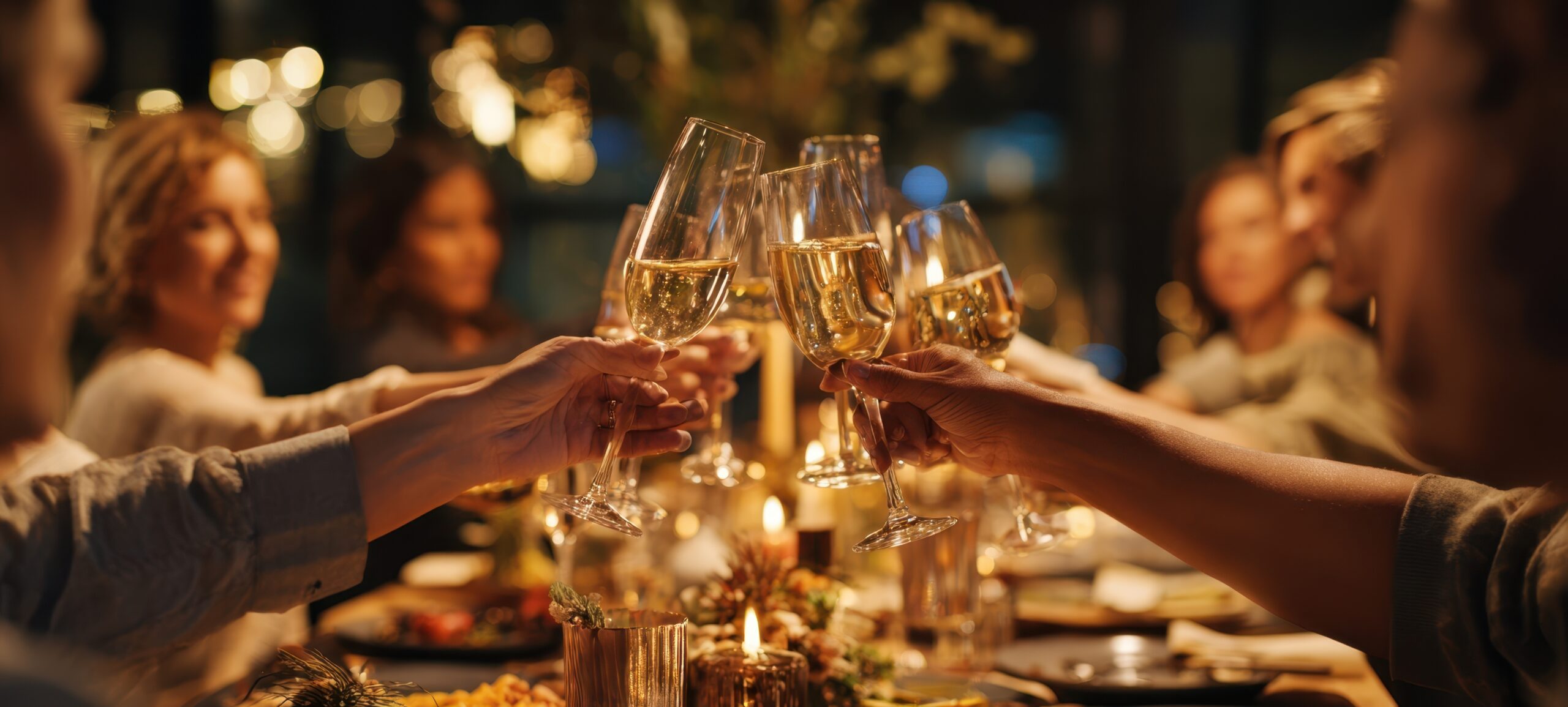 シャンパングラスで乾杯する様子の画像